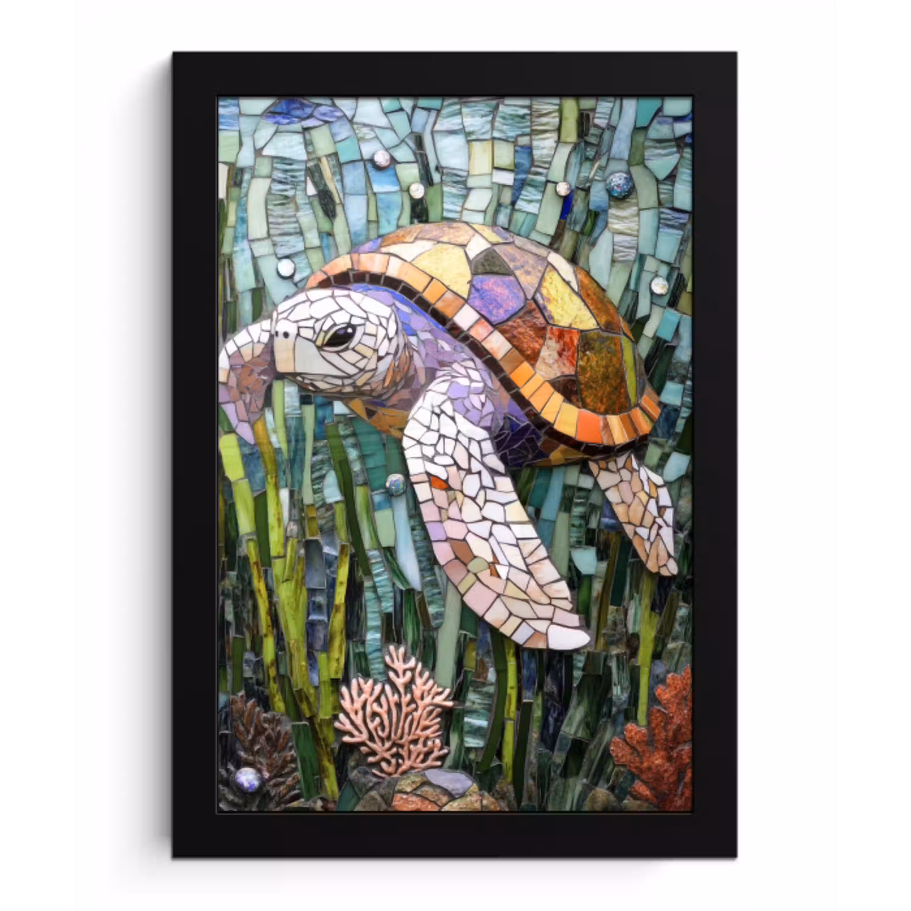 Schildpad - Zeewier - Mozaïek fotolijst zwart zonder passe partout klein -3d