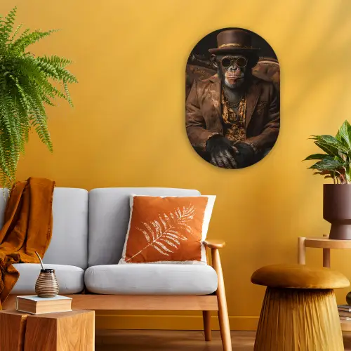 Chimpansee - Stoel - Pak - Bruin Wandcirkel Ovaal Forex klein -sfeer4