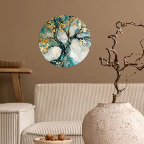 Boom - Modern - Verflook - Turquoise - Goud Wandcirkel behangsticker klein -sfeer1