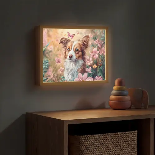 Hond - Bloemen - Roze Light Box met batterij (Wandlamp kind) middel -sfeer5_kind