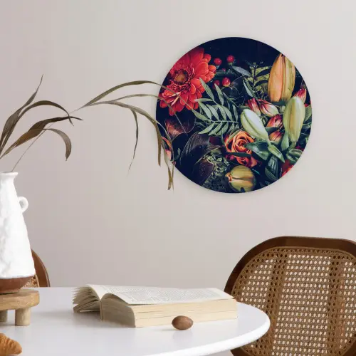 Boeket - Stilleven - Bloemen - Planten - Rood Wandcirkel kunststof plaat 5mm dik klein -sfeer4