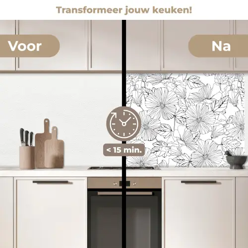 Bloemen - Zwart - Wit - Design - Flora keuken achterwand 2 middel 871 -voor-na2_NL