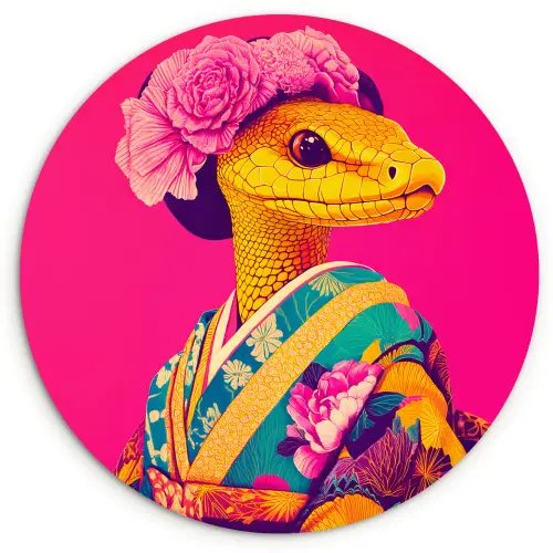 Hagedis - Bloemen - Roze - Kimono Wandcirkel plexiglas klein -3d
