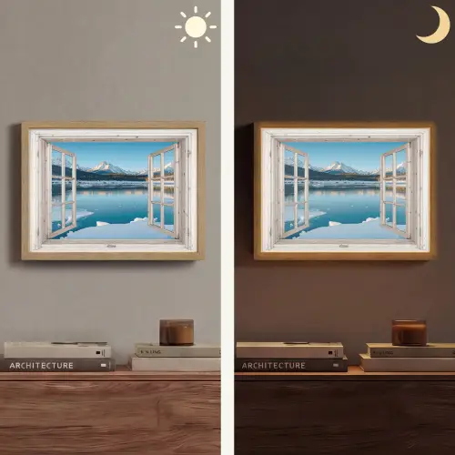 Landschap - Winter - Meer - Bergen - Uitzicht - Doorkijk - Licht Light Box met batterij (Wandlamp) middel -sfeer3