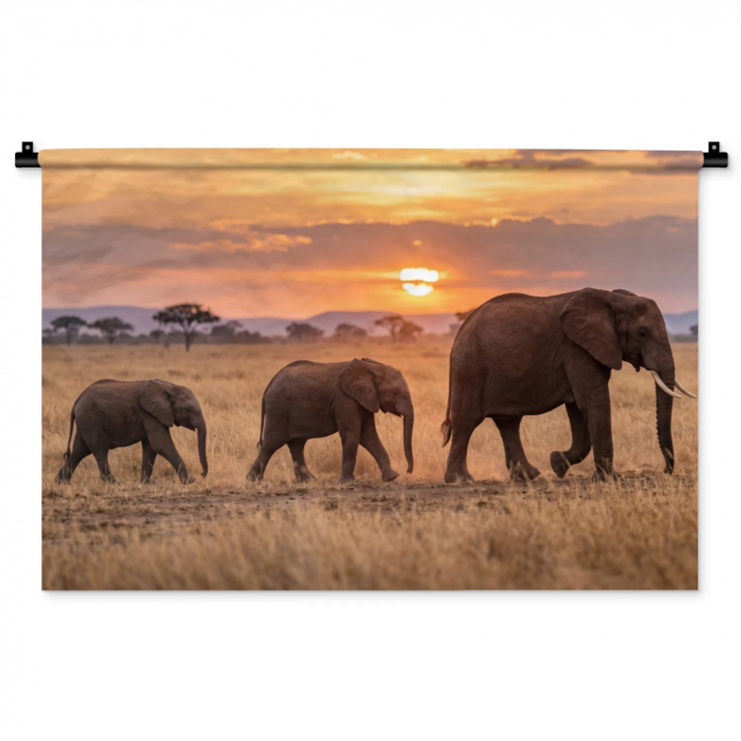 Olifanten - Savanne - Zonsondergang - Afrika - Warm Wandkleed katoen middel -zz3d
