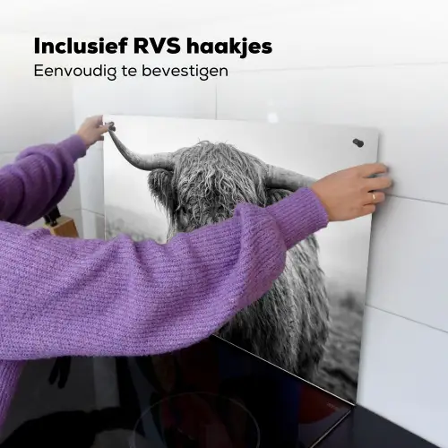 Schotse hooglander - Zwart - Wit - Gras Inductie beschemer met haakjes klein -ky-ophangen-nl