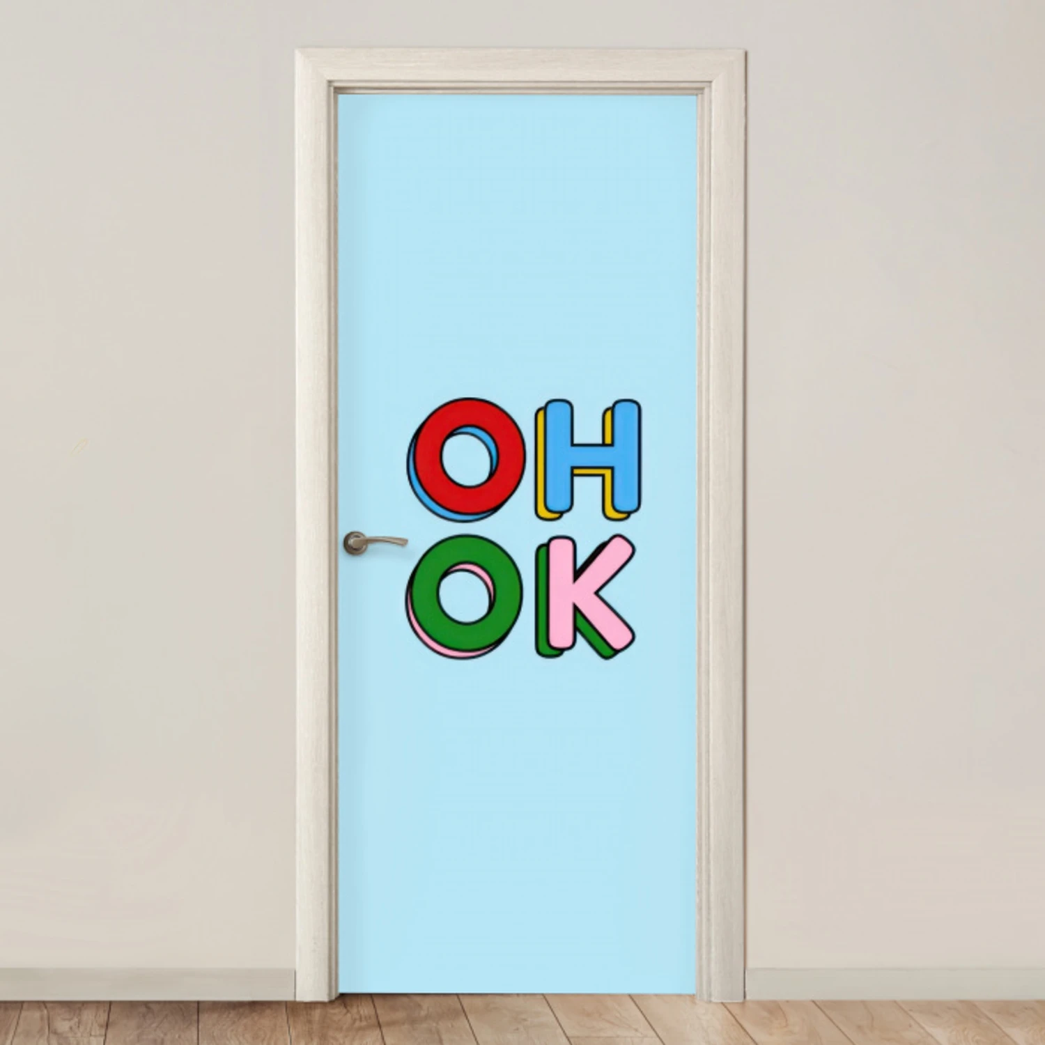 Oh ok - Blauw - Kleurrijk deurposter klein -3d_beige
