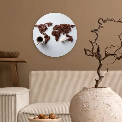 Wereldkaart - Koffiebonen - Suikerklontjes Wandcirkel kunststof plaat 5mm dik klein -sfeer1