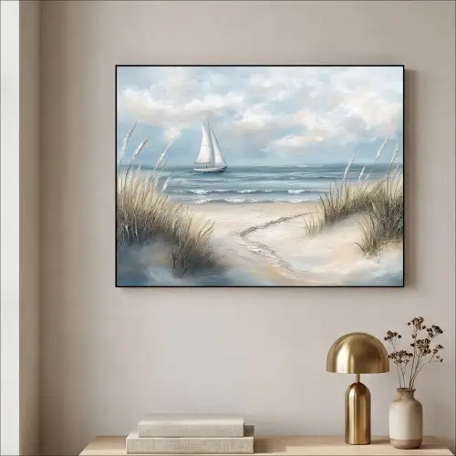 Zee - Zeilboot - Strand - Duinen - Vintage Textielframe zwart klein -sfeer2