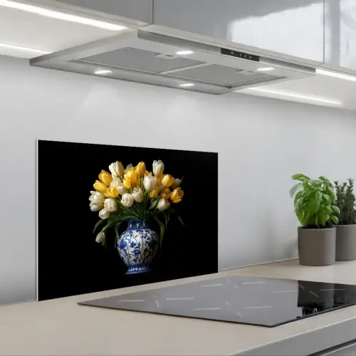 Geel - Tulpen - Vaas - Bloemen keuken achterwand spatscherm klein -3d_schuin