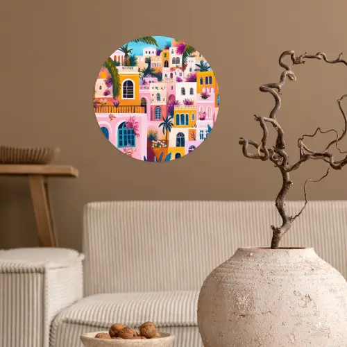 Kleurrijk - Roze - Oranje - Geel - Bloemen Wandcirkel behangsticker klein -sfeer1