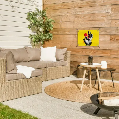 Hand - Rode cirkel - Geel tuinposter los doek klein -sfeer4