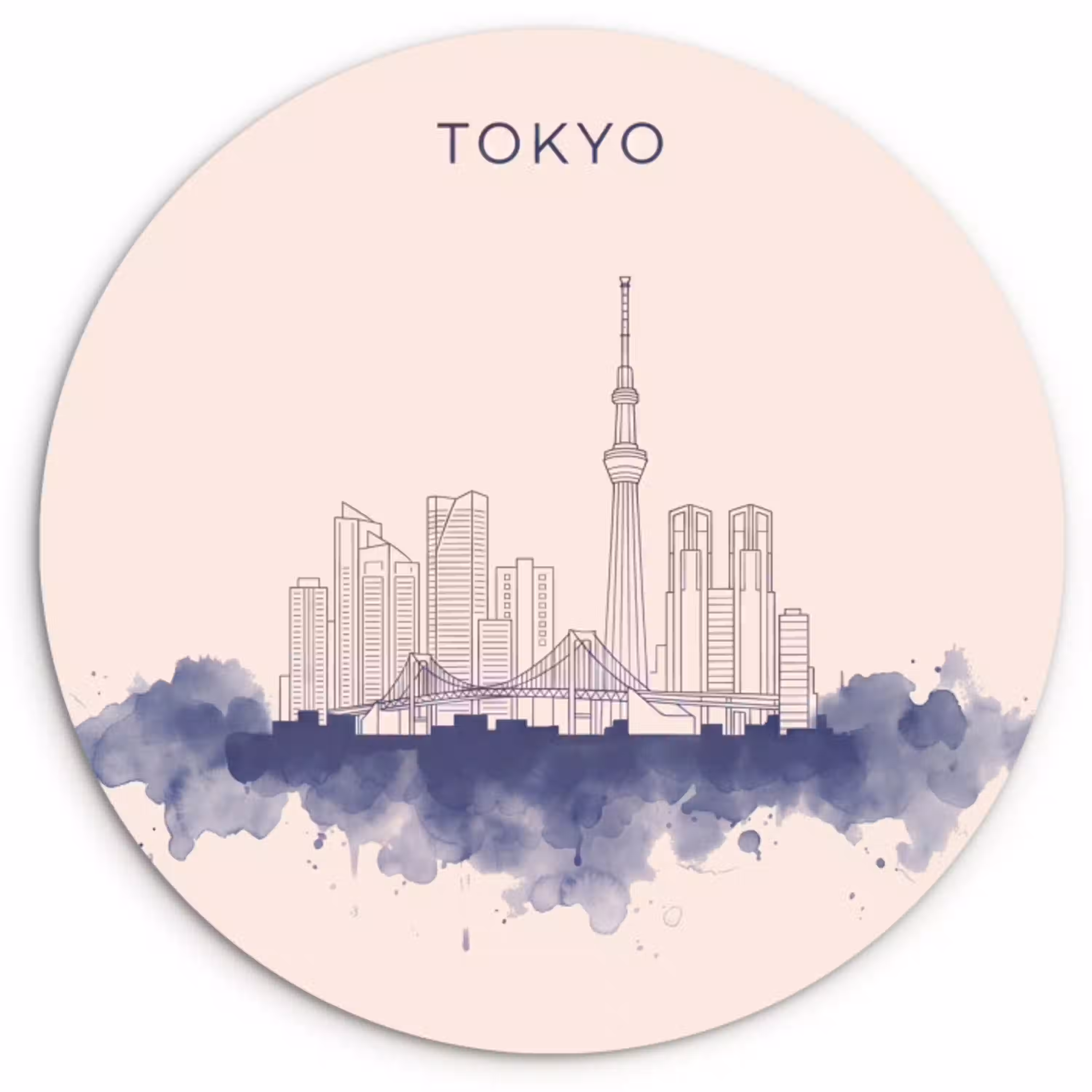 Tokyo - Skyline - Stad - Abstract - Blauw Wandcirkel kunststof plaat 5mm dik klein -3d