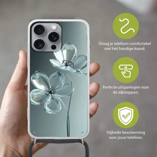 Kristal - Bloemen - Grijs Hoesje iPhone 16 Pro Max met koord klein -sfeer2_NL
