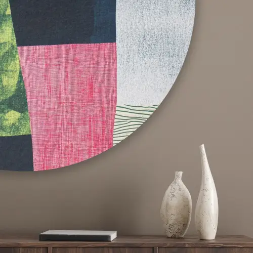 Abstract - Roze - Lappen - Vormen - Geel Akoestische PET Vilt - Rond klein -sfeer5_closeup