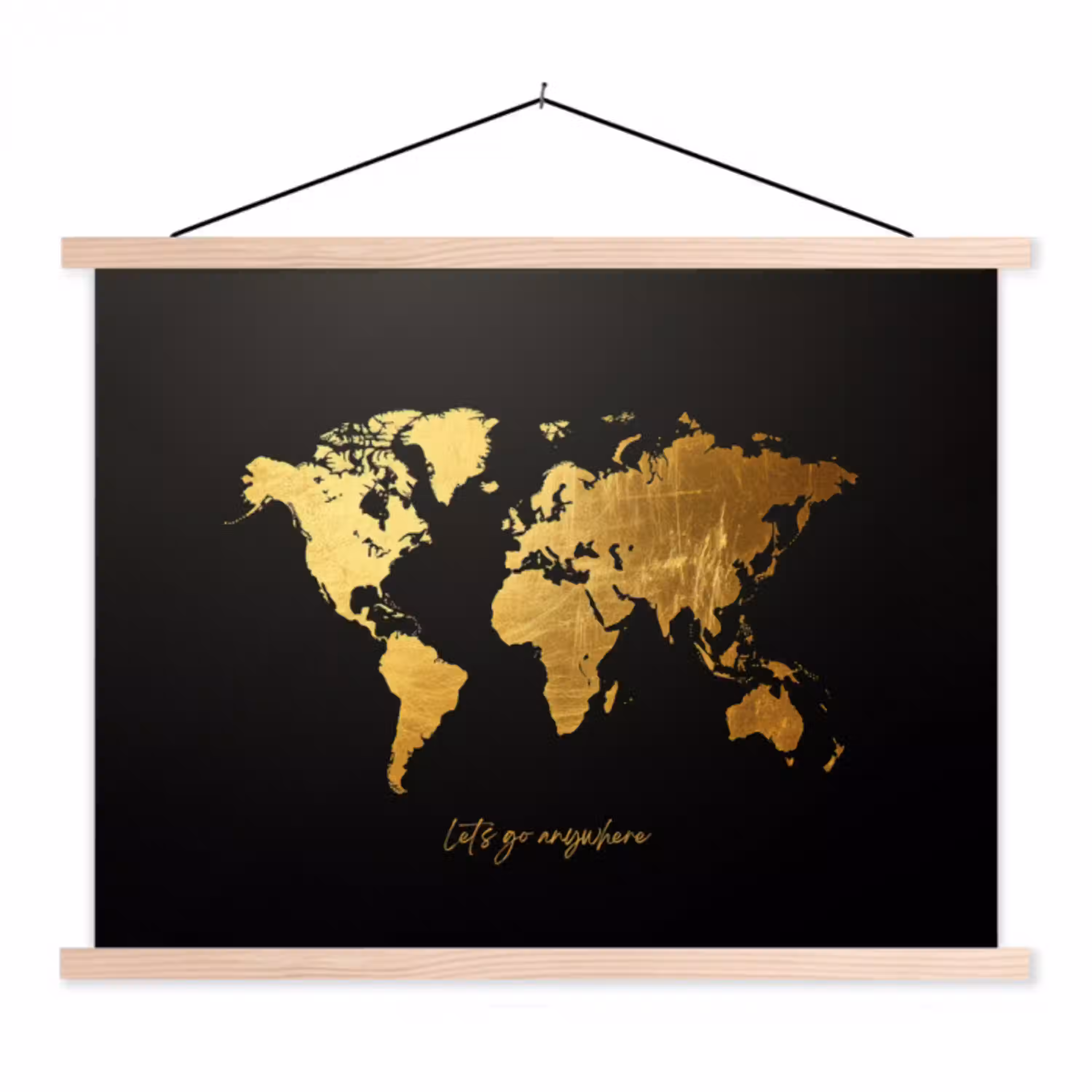 Goud - Glanzend - Wereldkaart - Luxe textielposter latten blank klein -3d