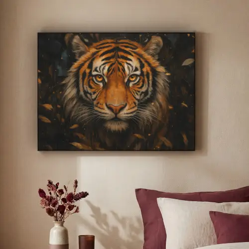 Bladeren - Tijger - Oranje Textielframe zwart klein -sfeer1