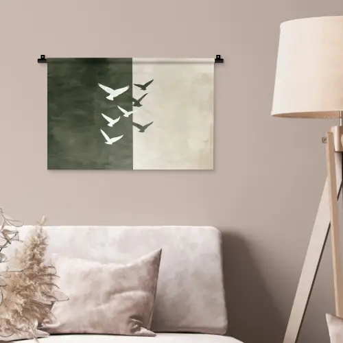 Japandi - Vogel - Groen Wandkleed katoen klein -sfeer4