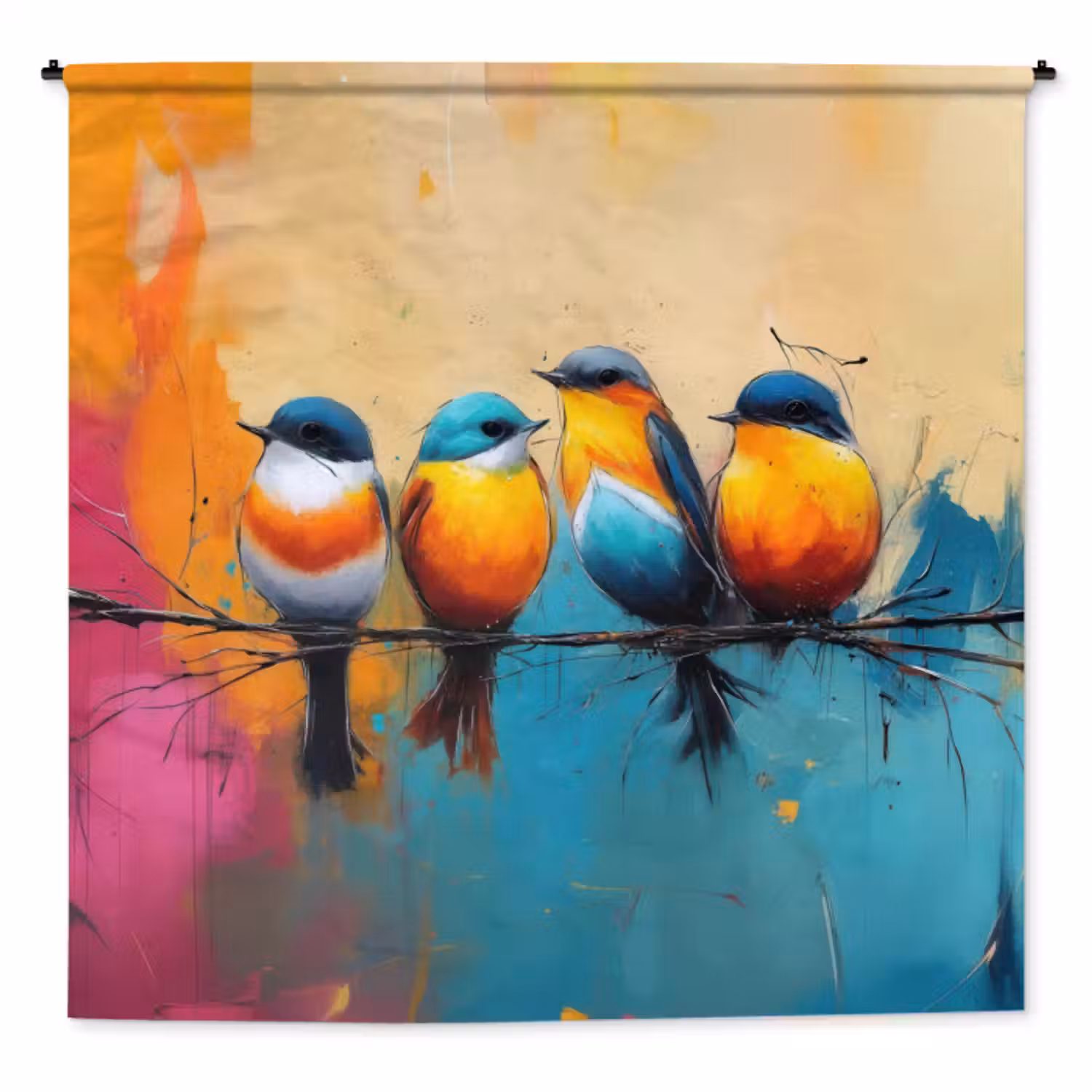 Wandkleed - Vogels - Kleurrijk - Tak - Abstract