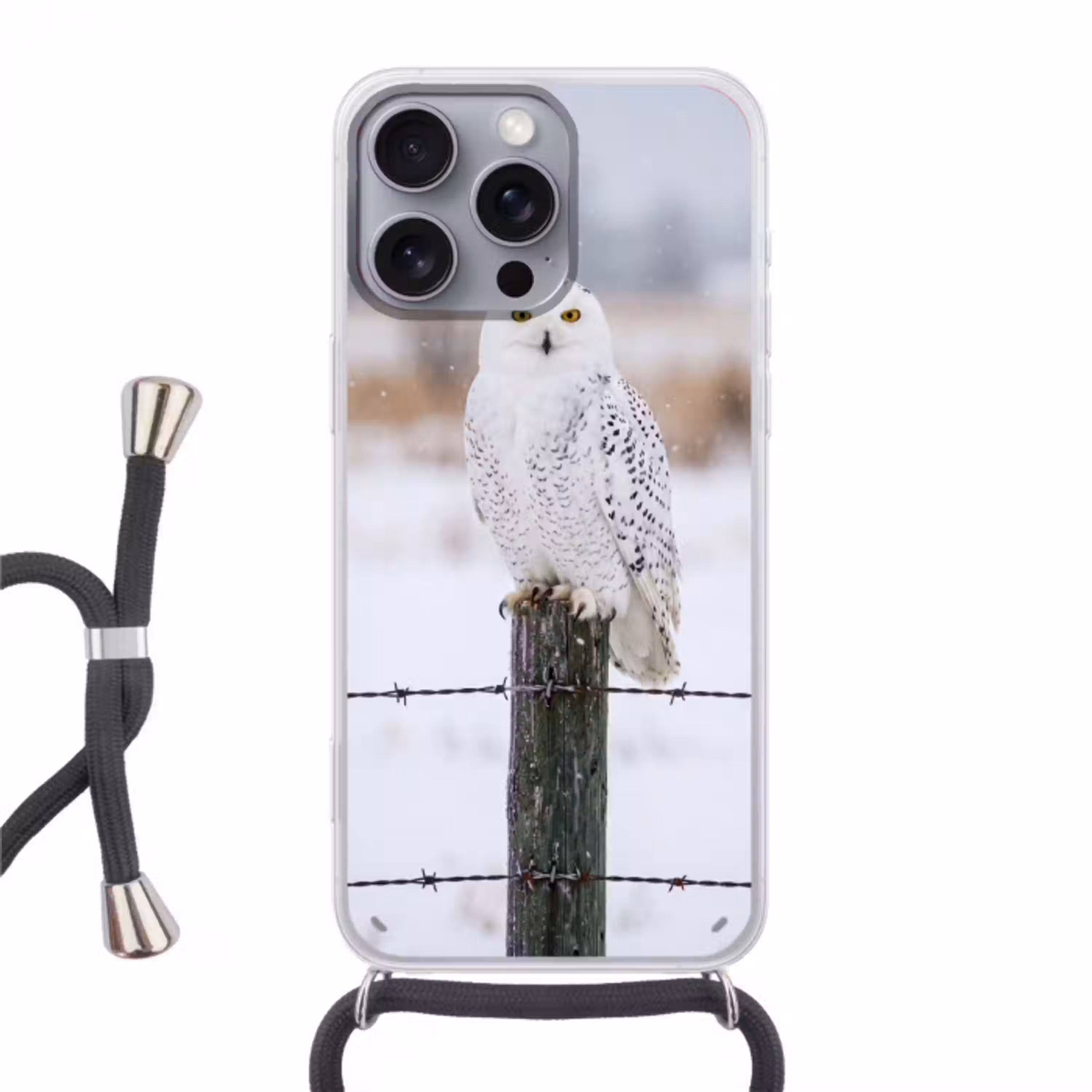 Sneeuwuil - Hek - Sneeuw - Wit Hoesje iPhone 16 Pro Max met koord klein -3d