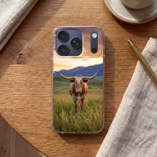 Longhorn - Landschap - Zonsondergang Telefoonhoesje iPhone 17 Pro klein -sfeer1