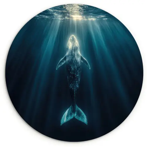 Walvis - Water - Zonnestralen - Blauw Wandcirkel kunststof plaat 5mm dik klein -3d