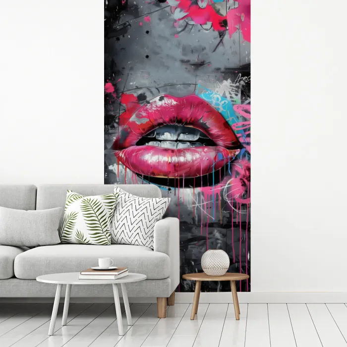 Lippen - Felroze - Graffiti - Verfstrepen fotobehang vinyl groot -woonkamer