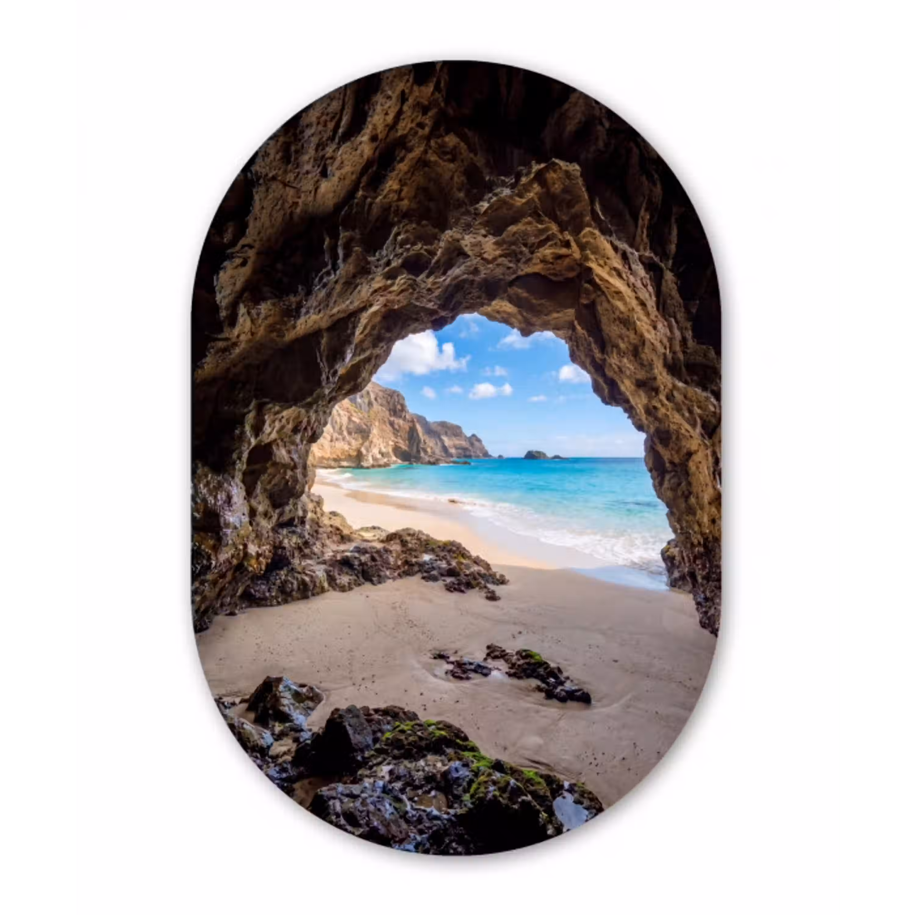 Grot - Strand - Zee - Blauw Wandcirkel Ovaal Aluminium middel -3d