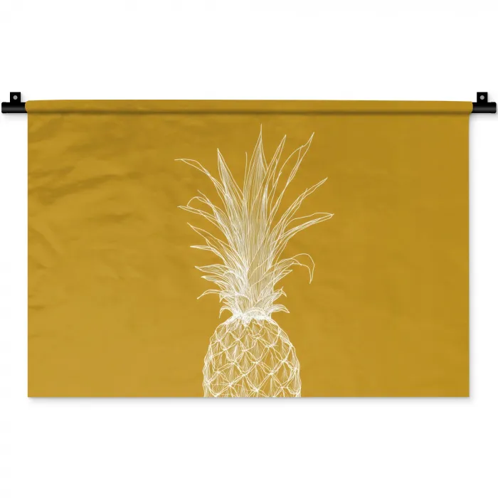 Lijnillustratie - Ananas - Bladkroon - Okergeel Wandkleed katoen klein -zz3d