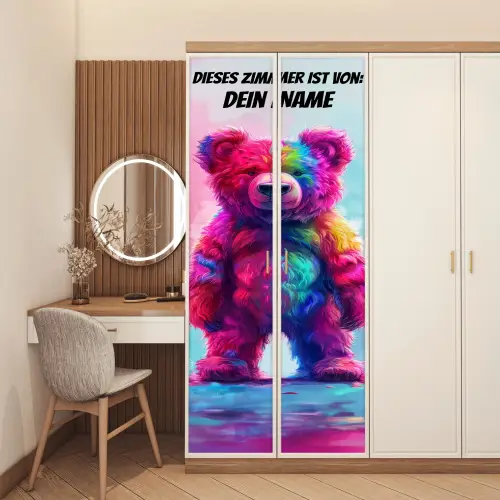 Bunter Teddybär mit Namensfeld oben. deurposter klein -sfeer3