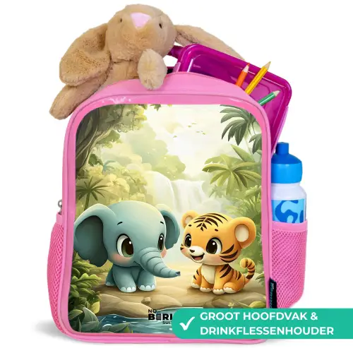 Olifant - Tijger - Bos - Jungle Kinderrugzak - Roze middel -inhoud_NL