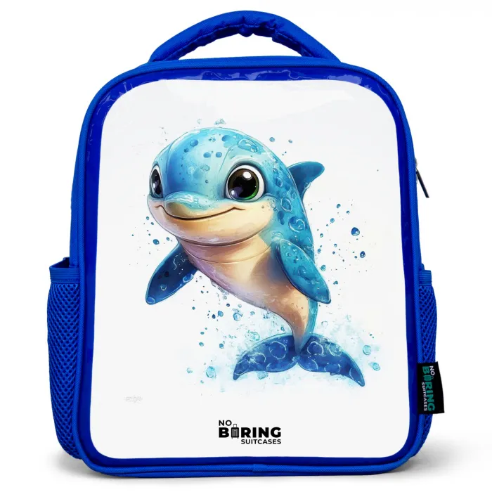 Blije dolfijn met waterdruppels op wit Kinderrugzak - Blauw middel -3d