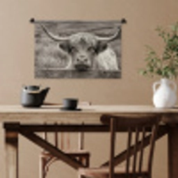Schotse hooglander - Zwart - Wit - Hout Wandkleed katoen klein -sfeer6