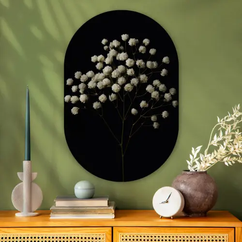Gipskruid - Bloemetjes - Wit - Minimalistisch Wandcirkel Ovaal Glas middel -sfeer2