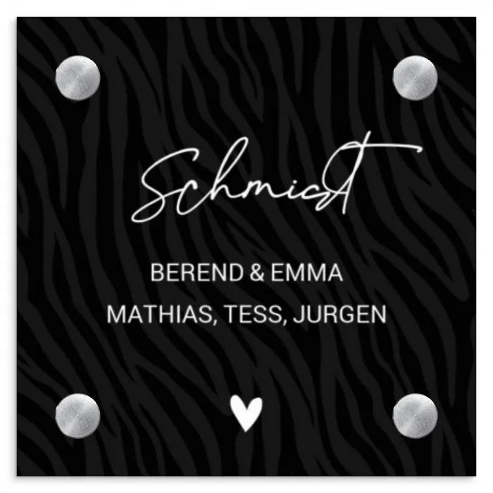 Zwart zebraprint - Sierlijk Naambord Vierkant klein -3d
