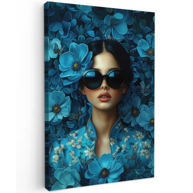 Vrouw - Bloemen - Blauw - Aesthetic - Luxe Tuinposter op houten frame 2 cm dik klein -3d