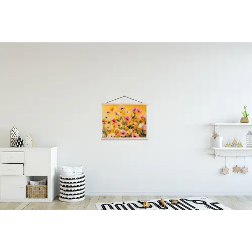 Bloemen - Veld - Geel textielposter latten blank klein -kinderkamer