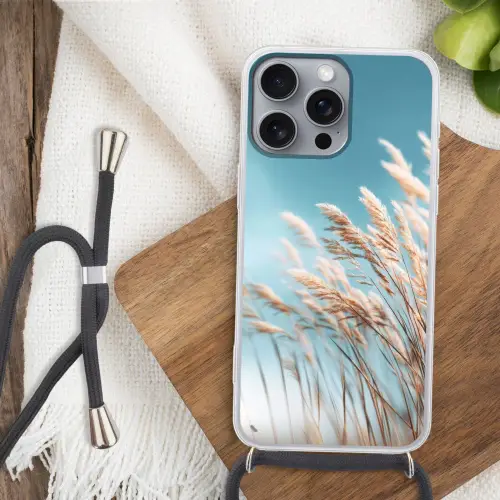 Siergras - Wind - Lichtbruin Hoesje iPhone 16 Pro Max met koord klein -sfeer4