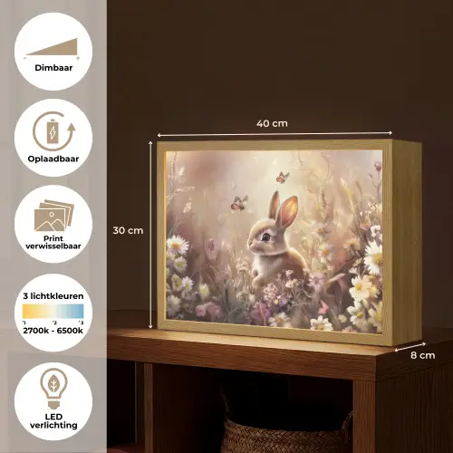 Konijntje - Bruin - Bloemen - Vlinders Light Box met batterij (Wandlamp kind) middel -USP_websiteoverzichtNL