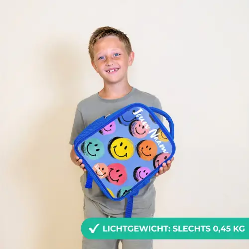 Een speels en kunstzinnig patroon van kleurrijke smileys Kinderrugzak - Blauw middel -sfeer1_NL