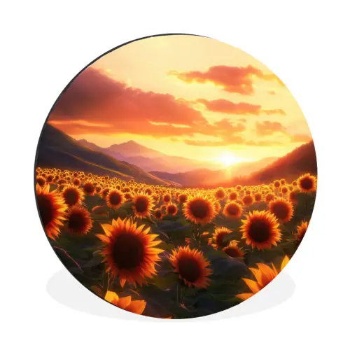 Zonnebloemen - Zonsondergang - Landschap Wandcirkel aluminium klein -3d