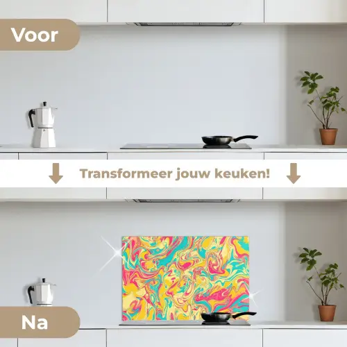 Geel - Roze - Blauw - Retro keuken achterwand spatscherm klein -voor_na_NL