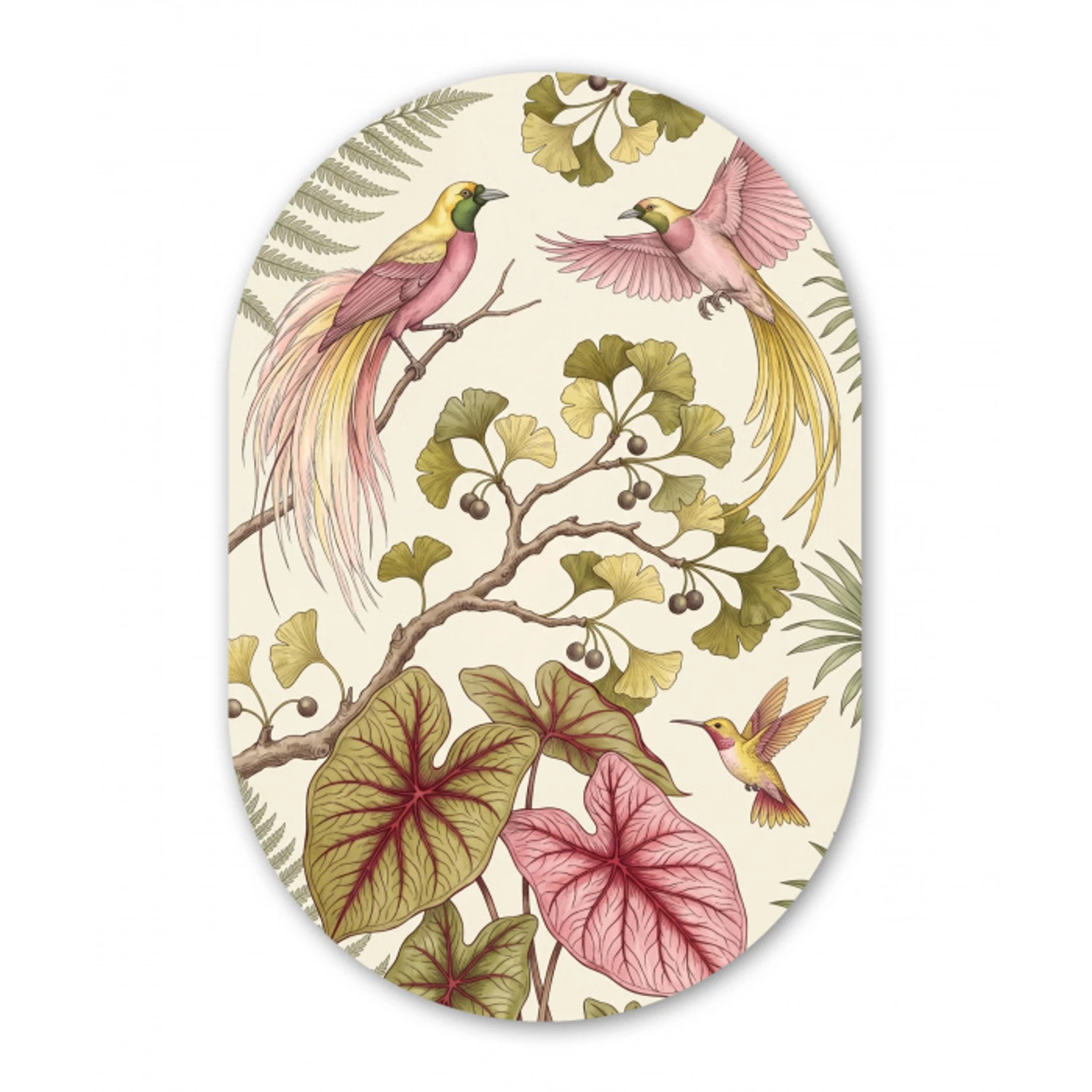 Vogels - Tropisch - Botanisch - Roze Wandcirkel Ovaal Forex klein -3d