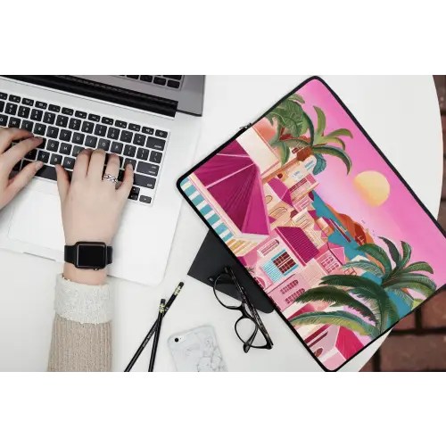 Stad - Roze - Palmbomen laptophoes neopreen klein -bureau