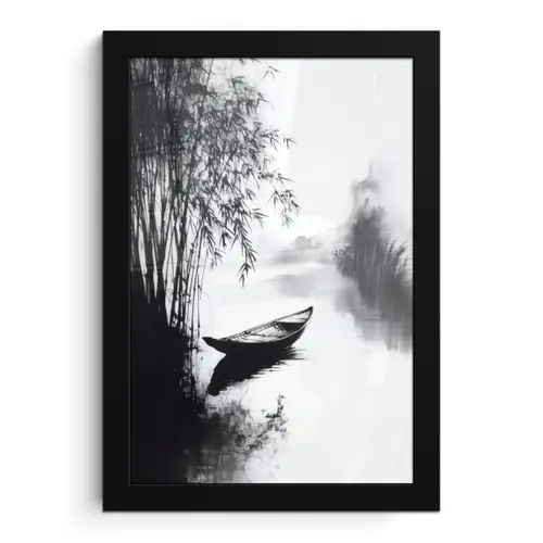 Boot - Rivier - Bamboe - Wit fotolijst zwart zonder passe partout klein -3d