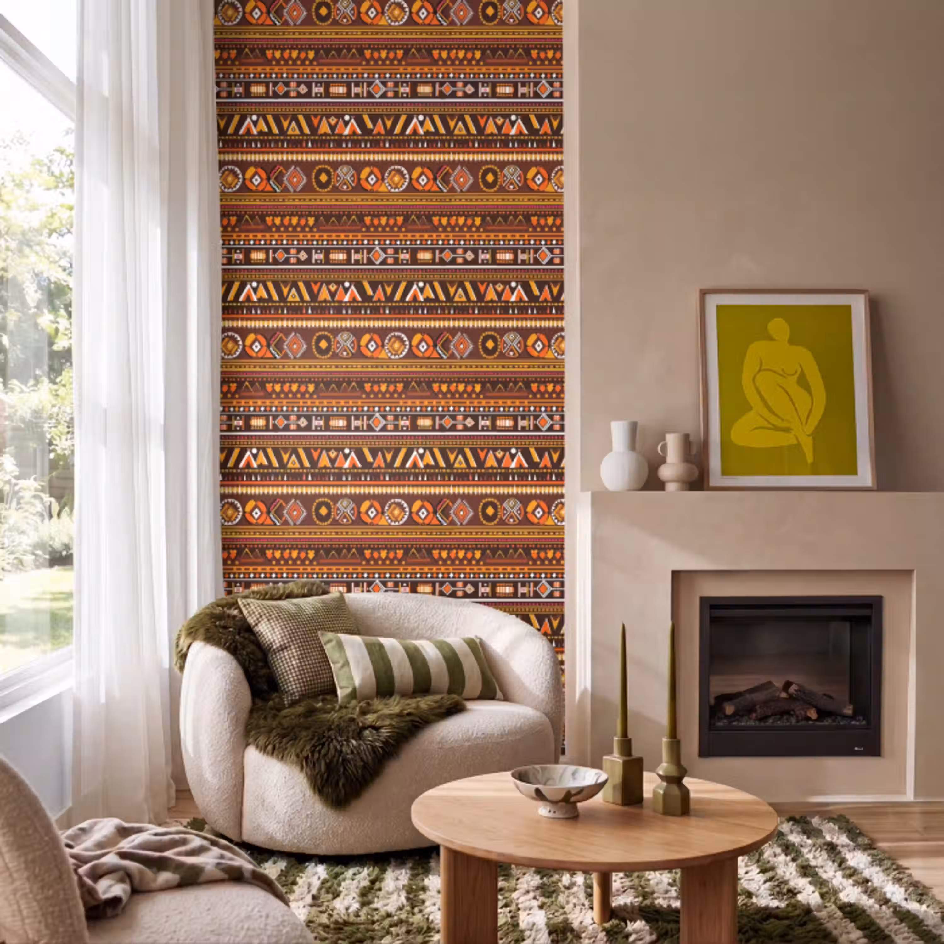 Oranje - Etnisch - Tribaal - Geometrisch - Patroon Behang Vlies klein 1076 -sfeer2