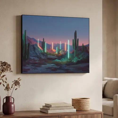 Cactus - Lichtzuilen - Zonsondergang Textielframe zwart klein -sfeer3