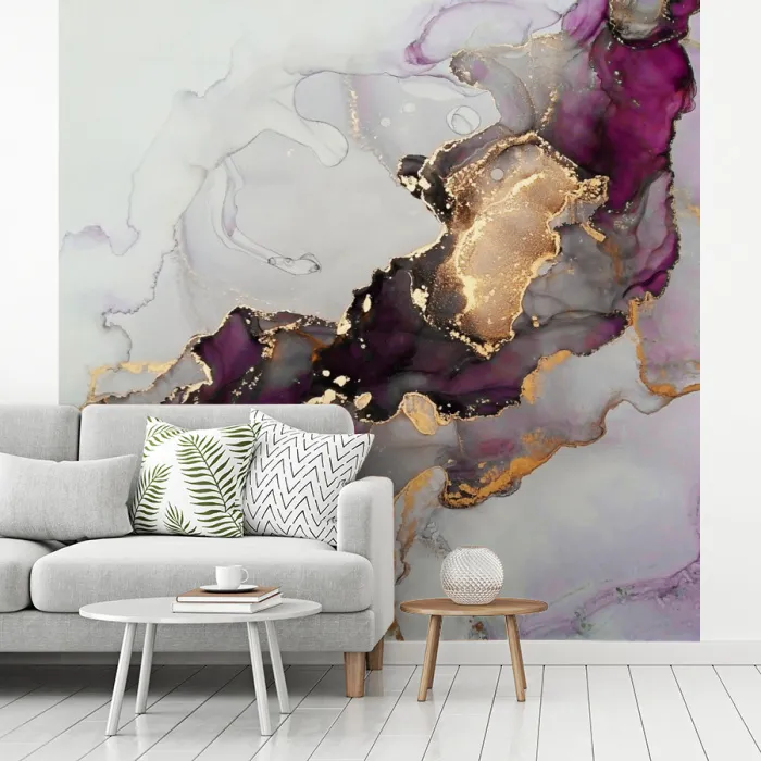 Marmer - Abstract - Goud - Paars fotobehang vinyl groot -woonkamer