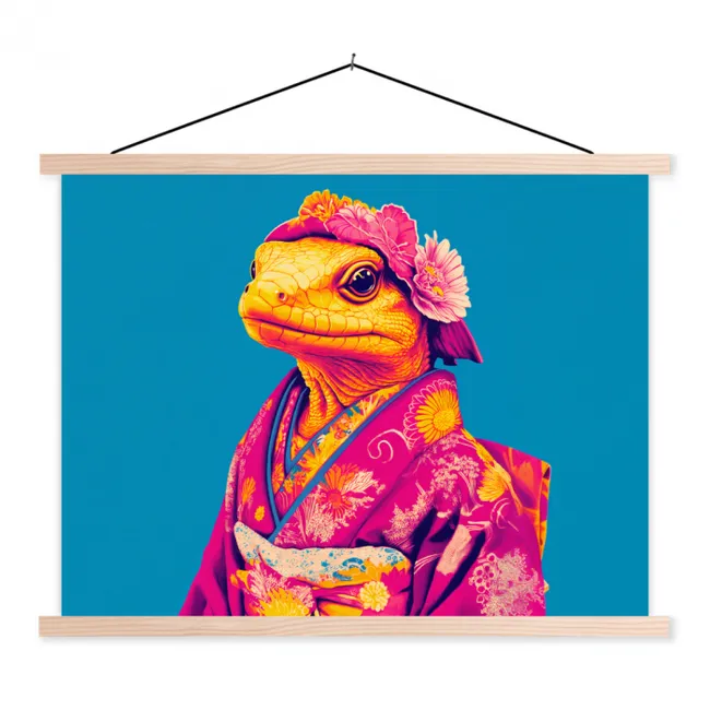 Bloemenkrans - Hagedis - Kimono - Paars textielposter latten blank klein -3d