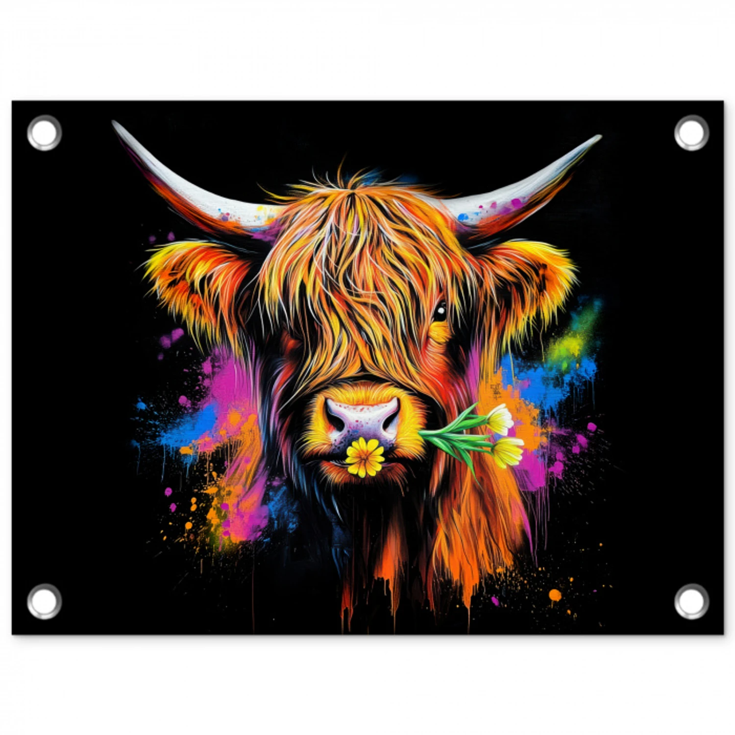 Schotse Hooglander - Graffiti - Kleurrijk - Bloem - Dieren tuinposter los doek klein -3d